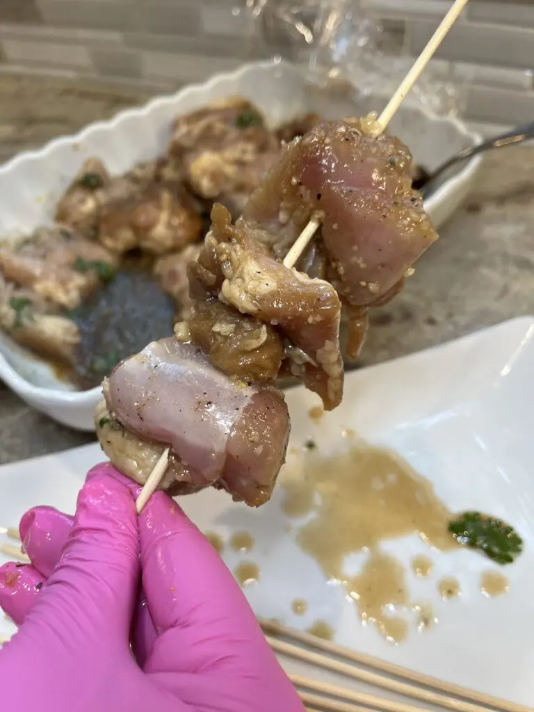 chicken thighs on wooden skewers