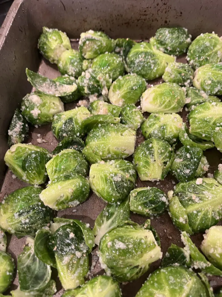 Brussels sprouts cut side down on baking sheet