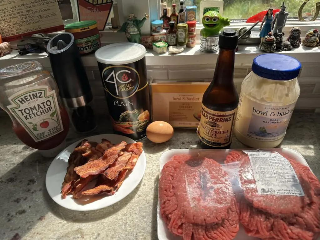 heinz tomato ketchup, salt, breadcrumbs, egg, block of mild cheddar, Worcestershire sauce, mayonnaise, bacon, ground beef, ingredients