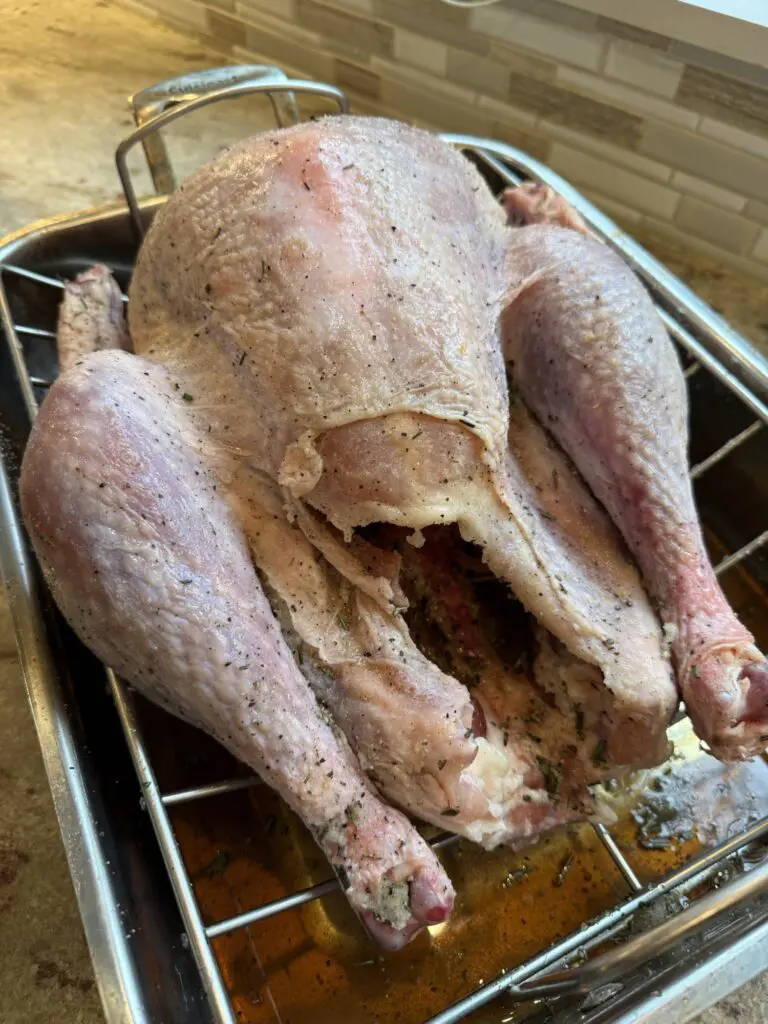 brined turkey on roasting rack