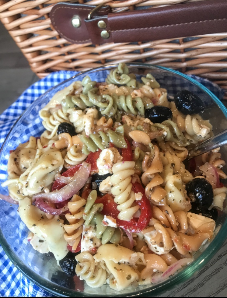 Mom's Famous Tortellini Salad in a bowl