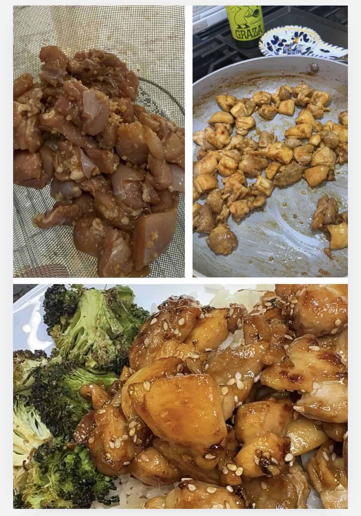 chicken teriyaki cooking in skillet and plated with sesame seeds