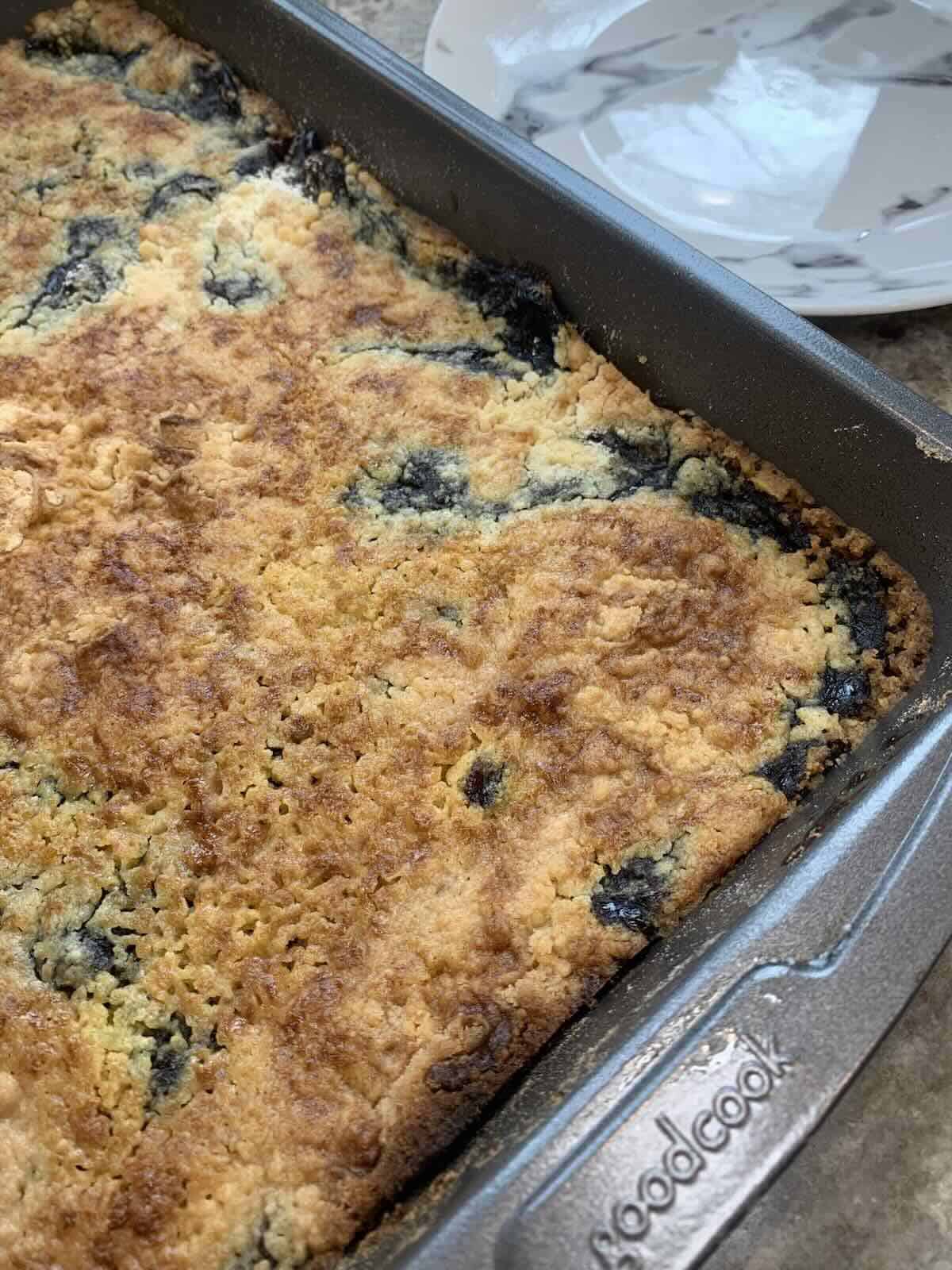 finished 3 ingredient blueberry cobbler cooling in pan