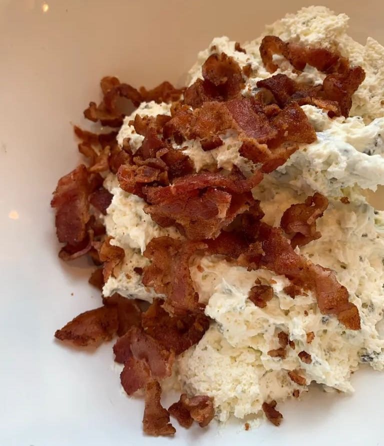 chive cream cheese and bacon in a bowl