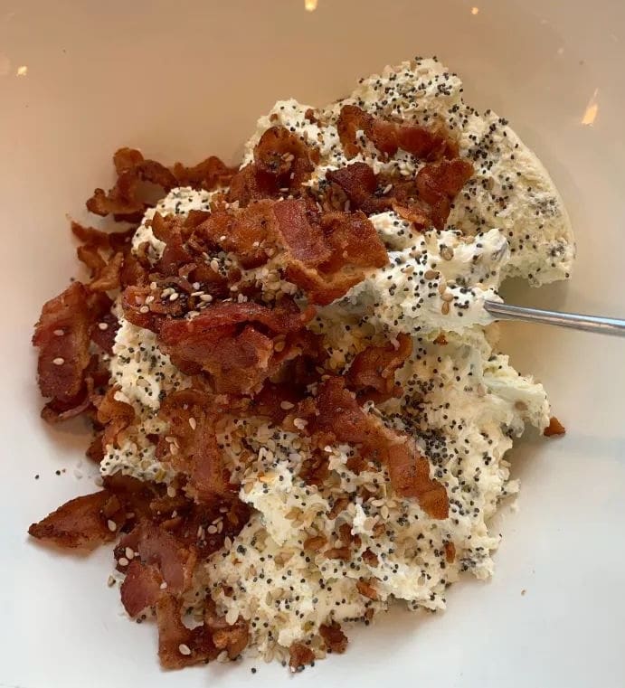 chive cream cheese bacon and everything seasoning in a bowl