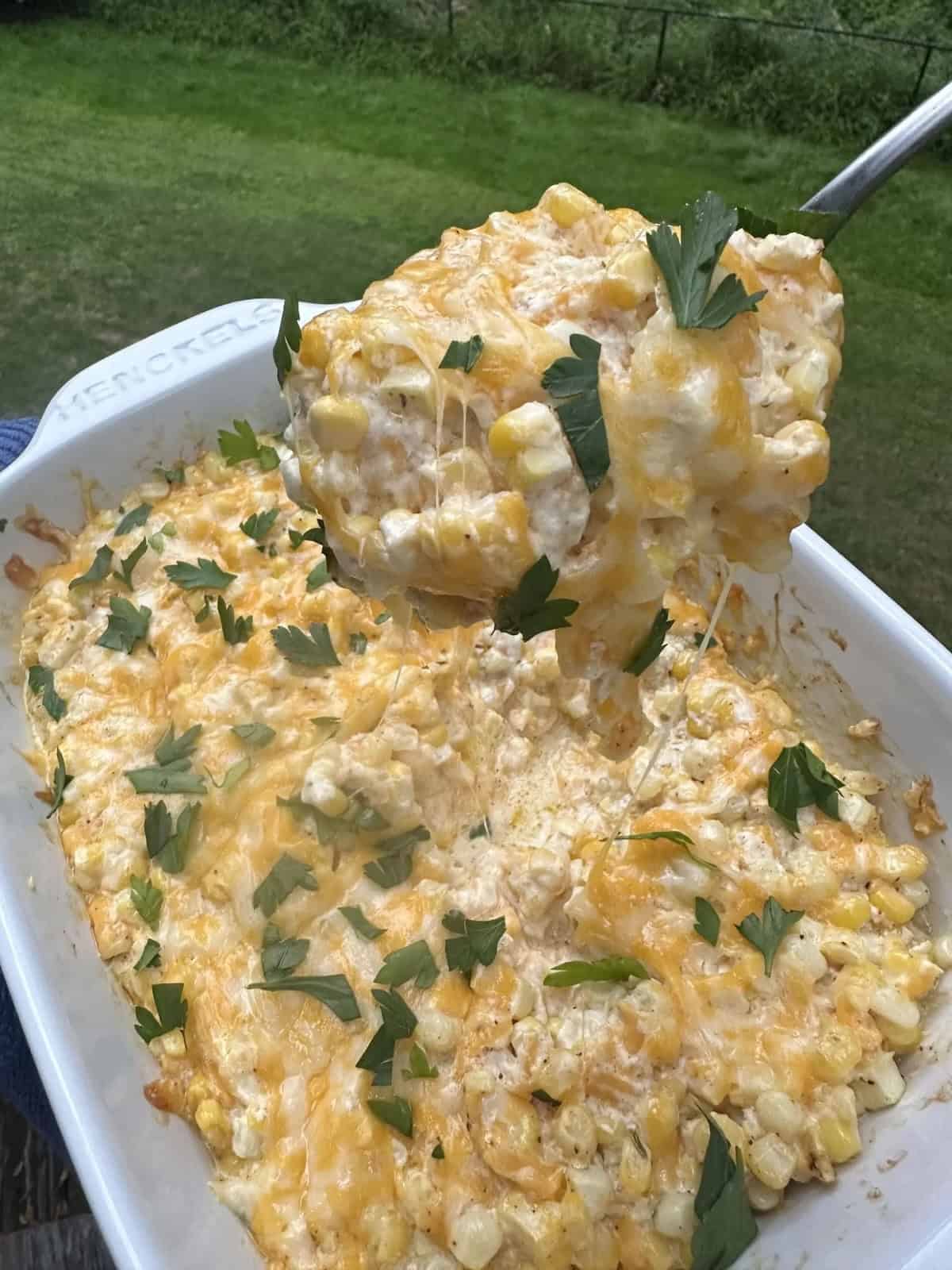 street corn casserole finished in baking dish