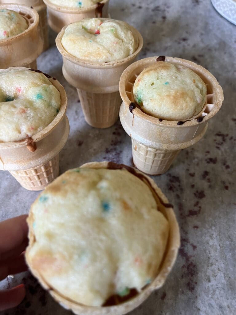 ice cream cones with cake mix baked into it