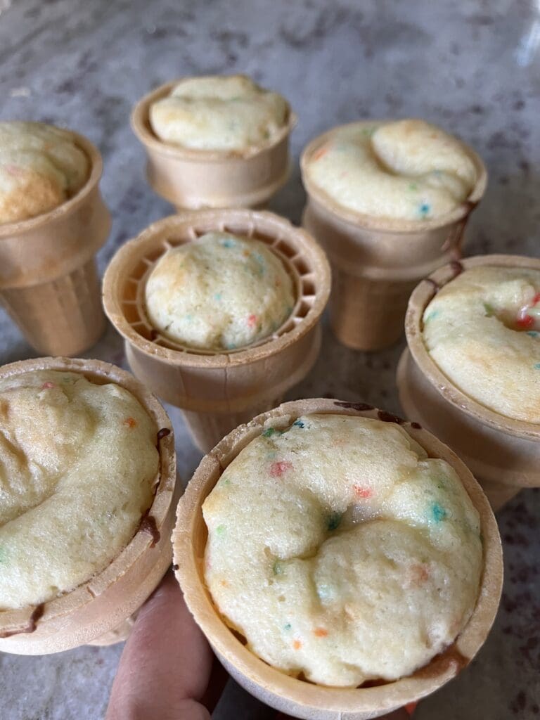 cake batter in ice cream cones