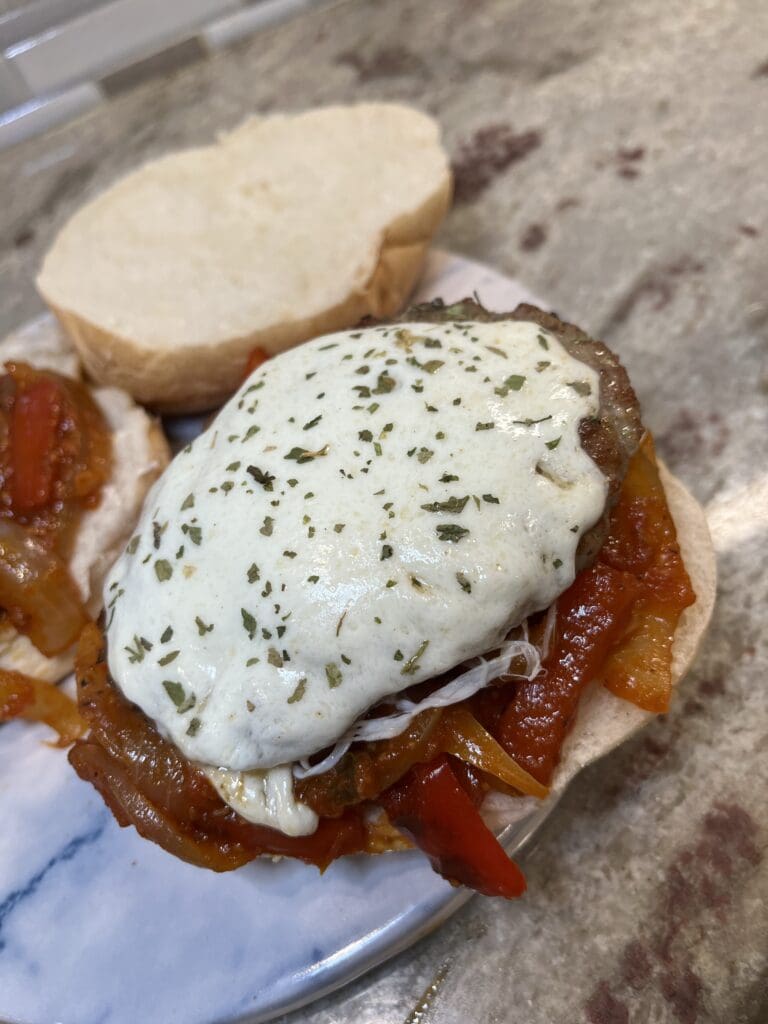 open faced sausage and pepper sandwich