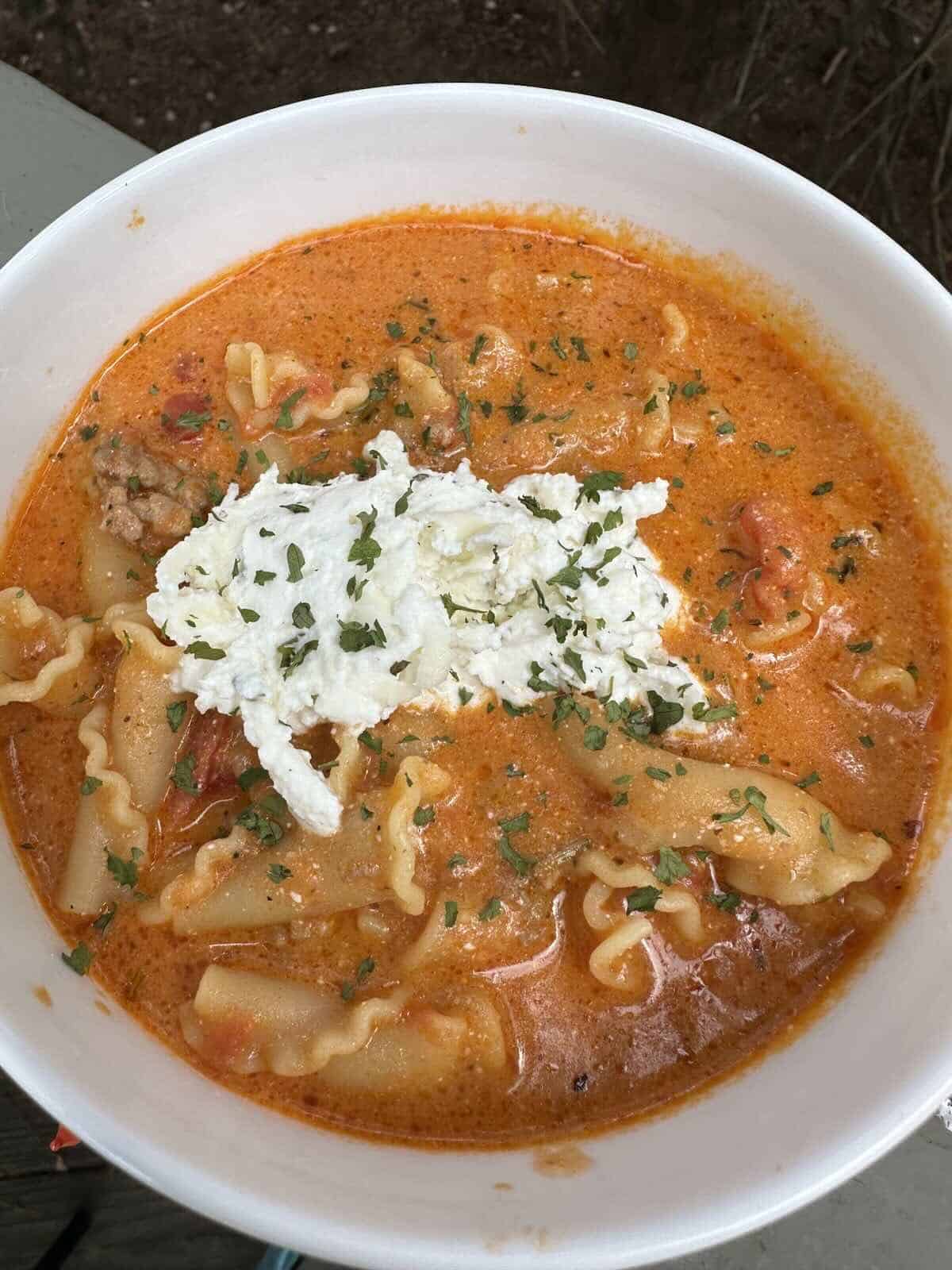 finished lasagna soup with garnish