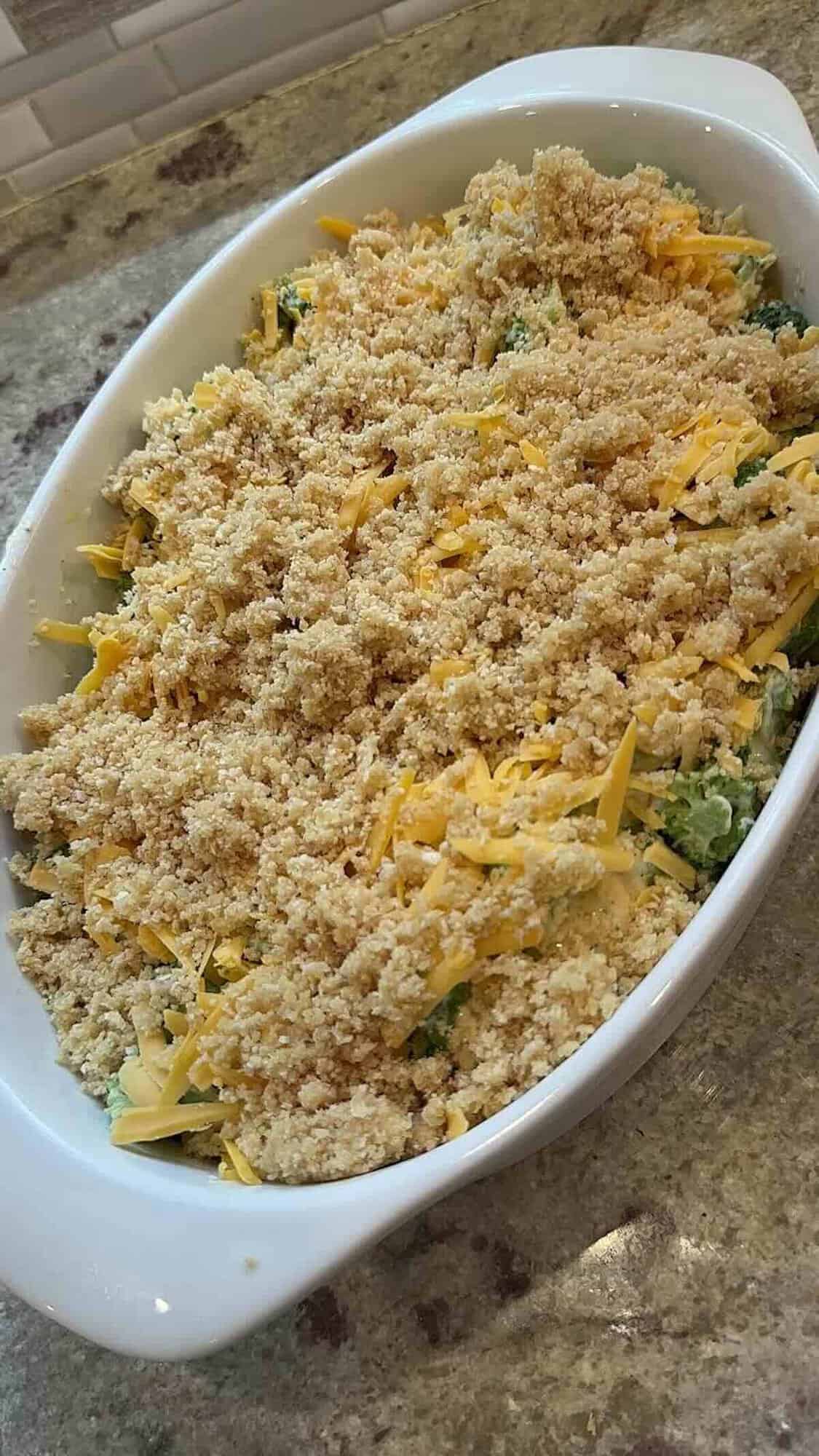 broccoli cheddar casserole in baking dish