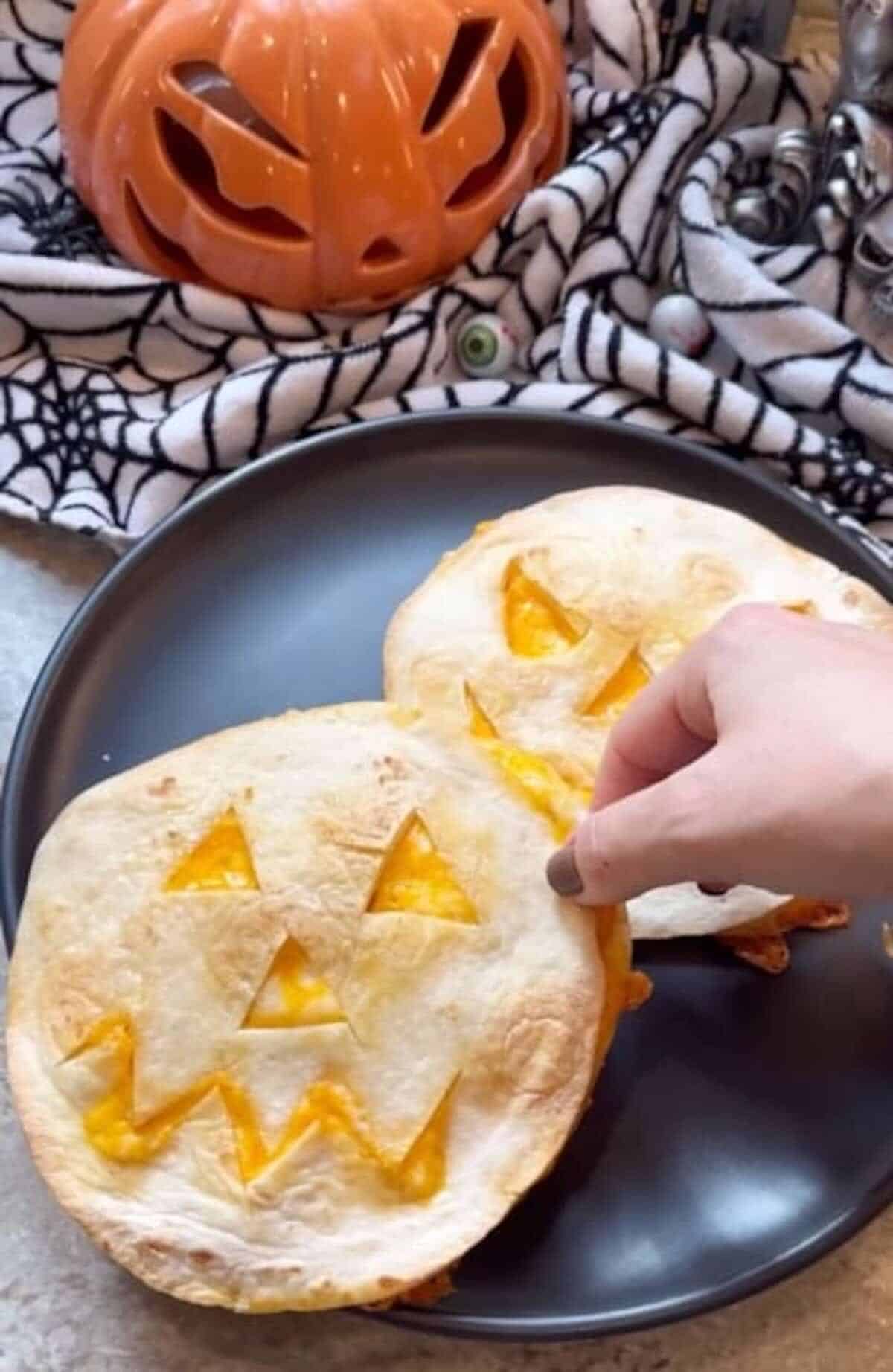finished jack o lantern quesadillas