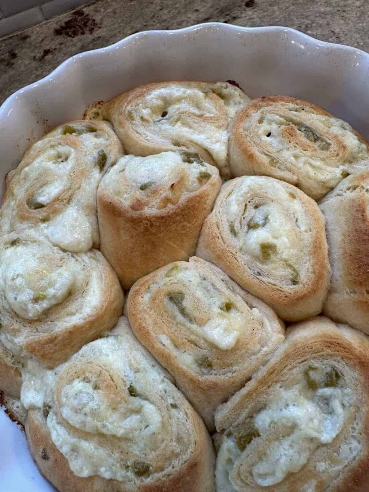 finished jalapeno popper cresent rolls in baking dish