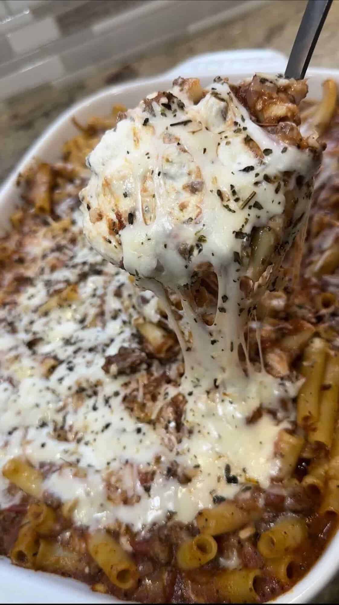 finished baked ziti out of the oven