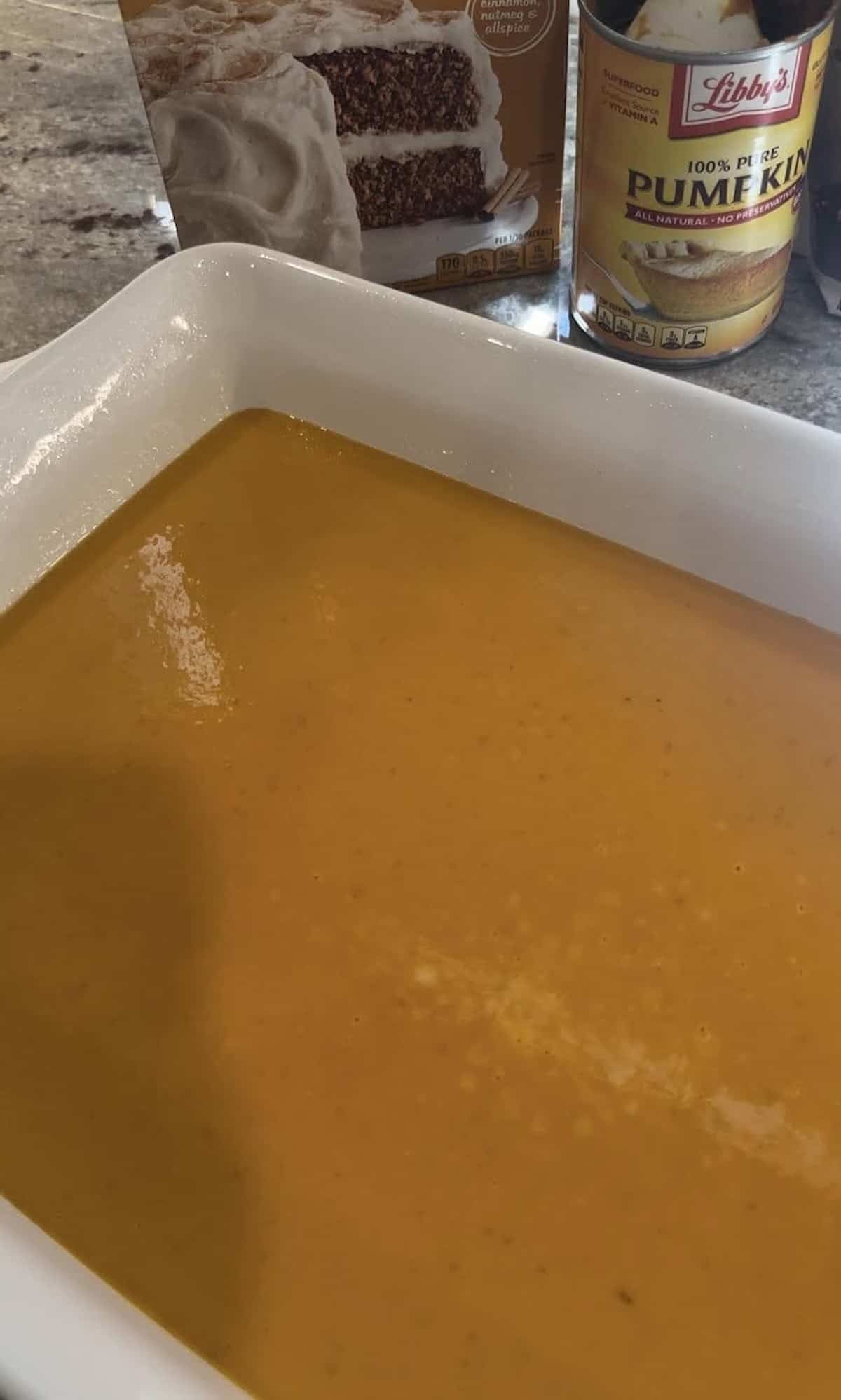 pumpkin pie dump cake in baking dish
