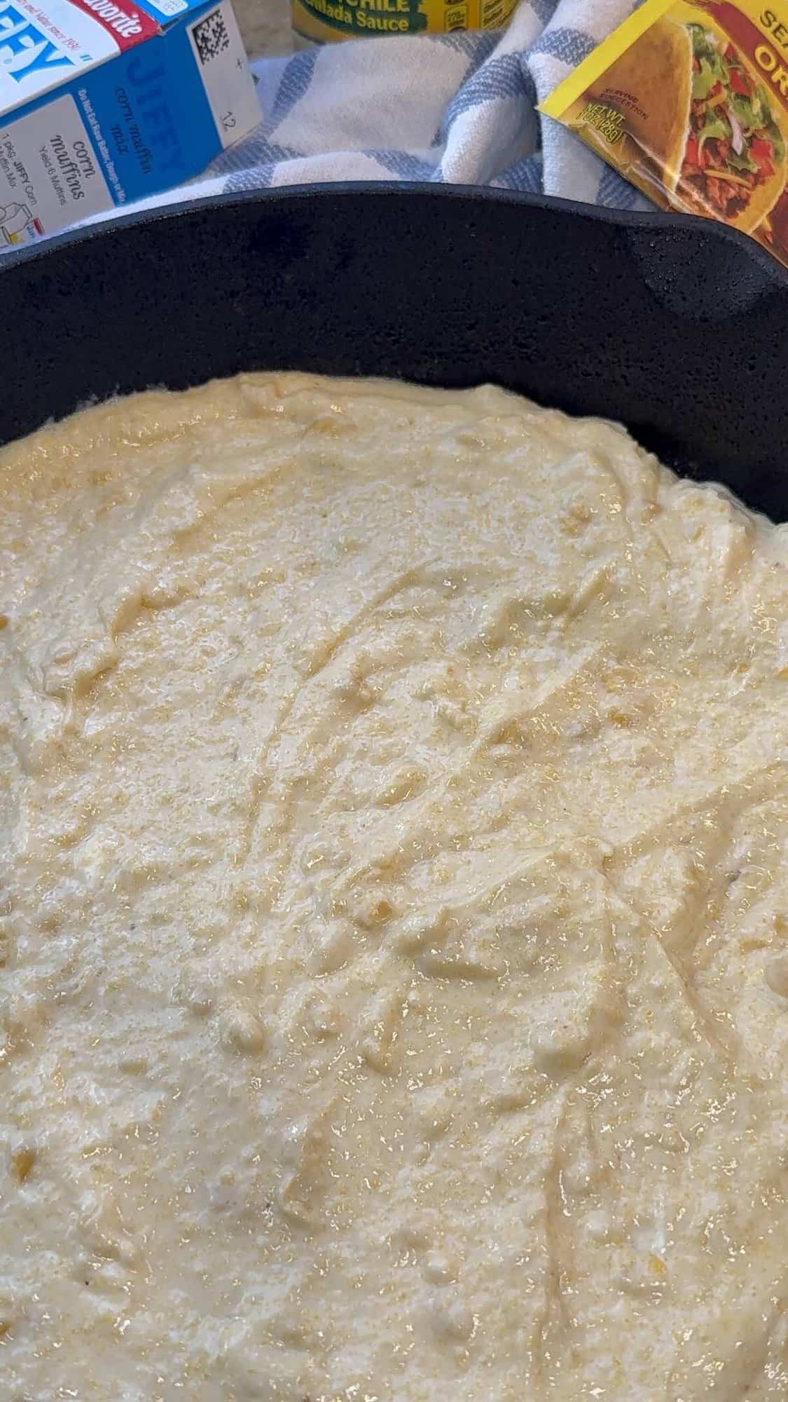 jiffy corn bread in a cast iron skillet