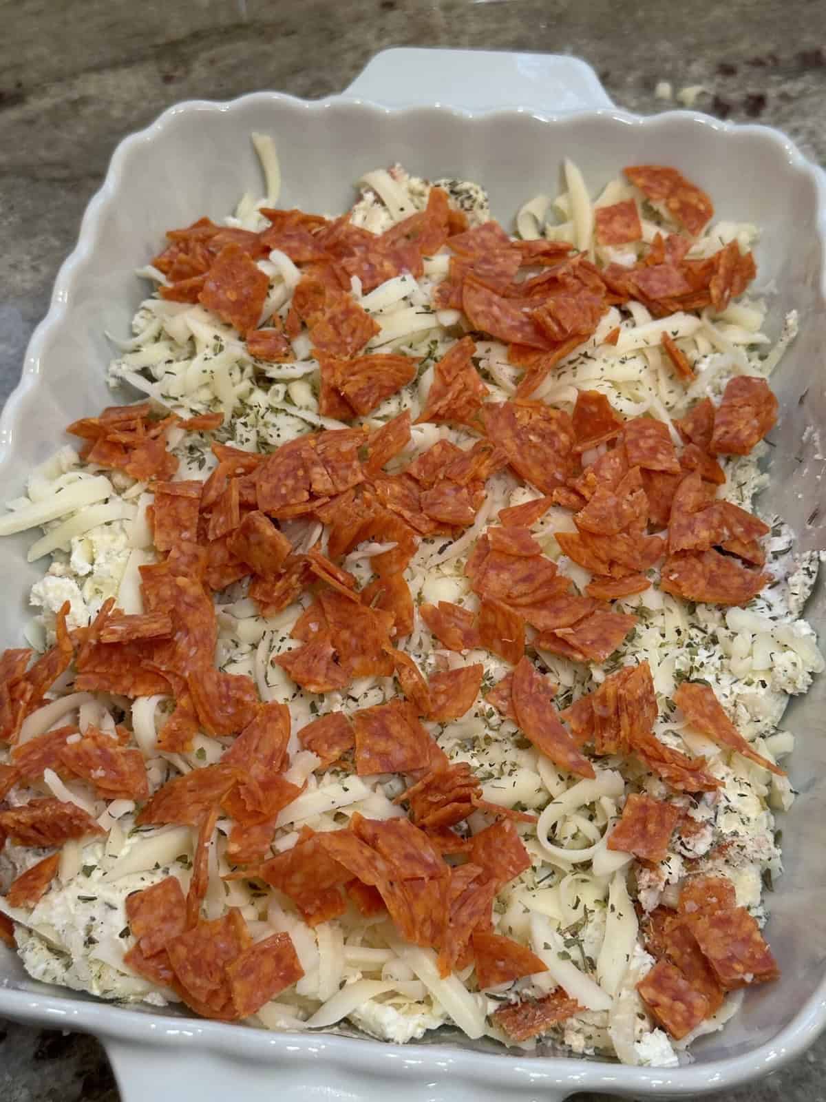 pepperoni pizza dip in baking dish