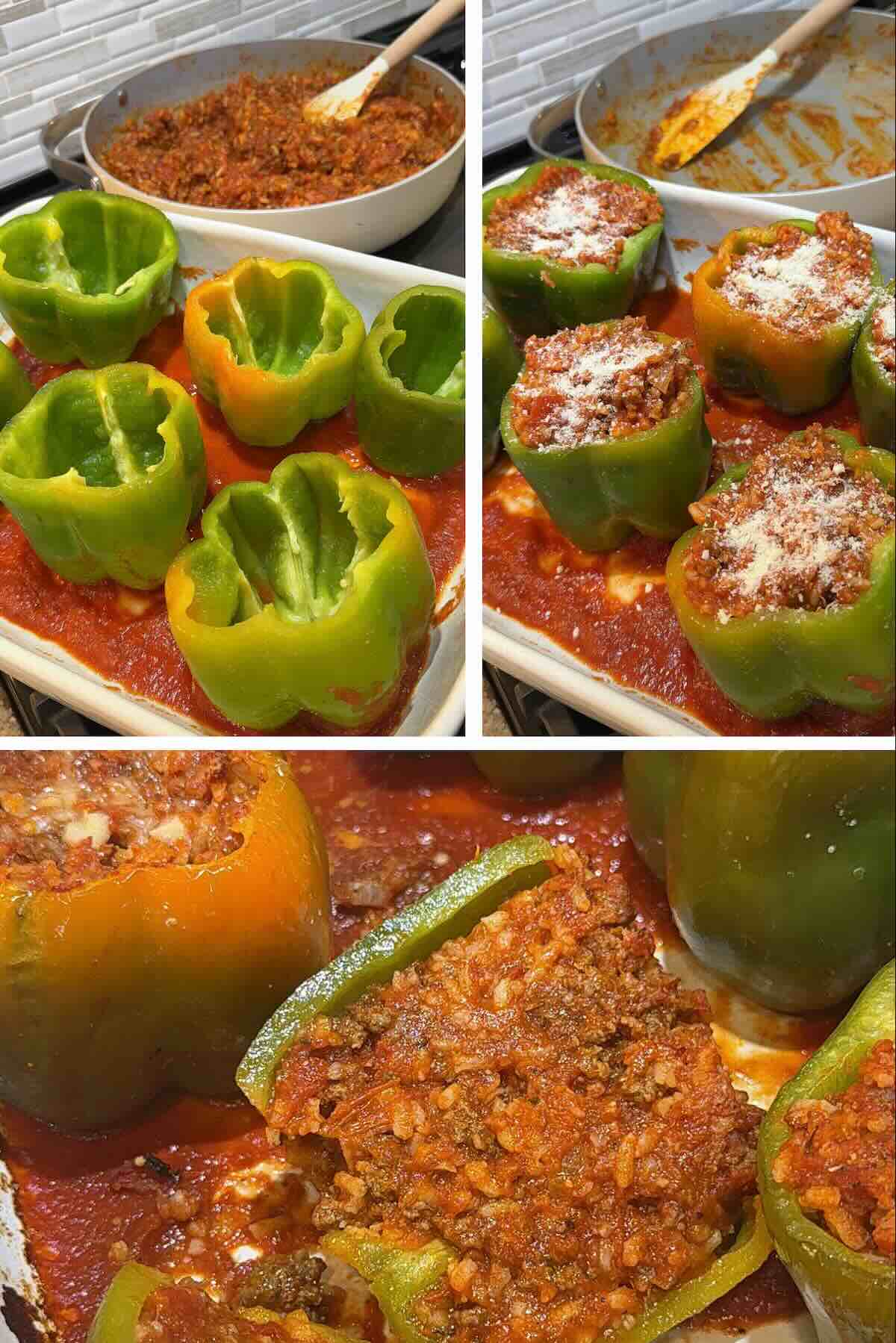 beef, rice and tomato sauce filling added to peppers and baked until soft