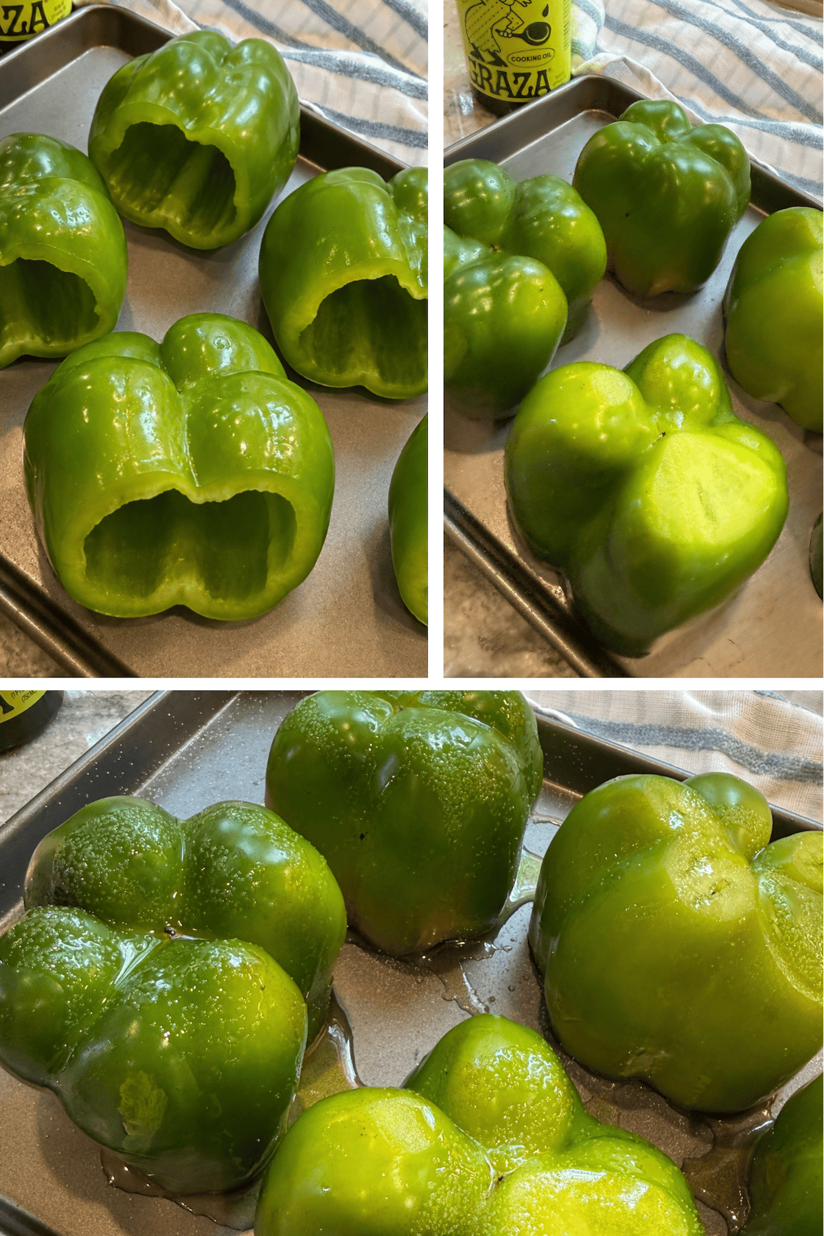 green bell peppers on a baking dish with salt and oil