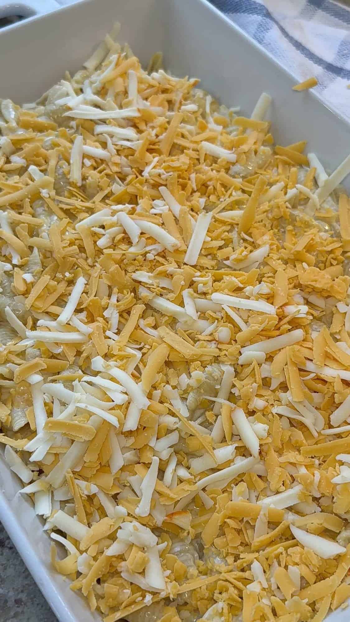 shells and cheese about to be baked
