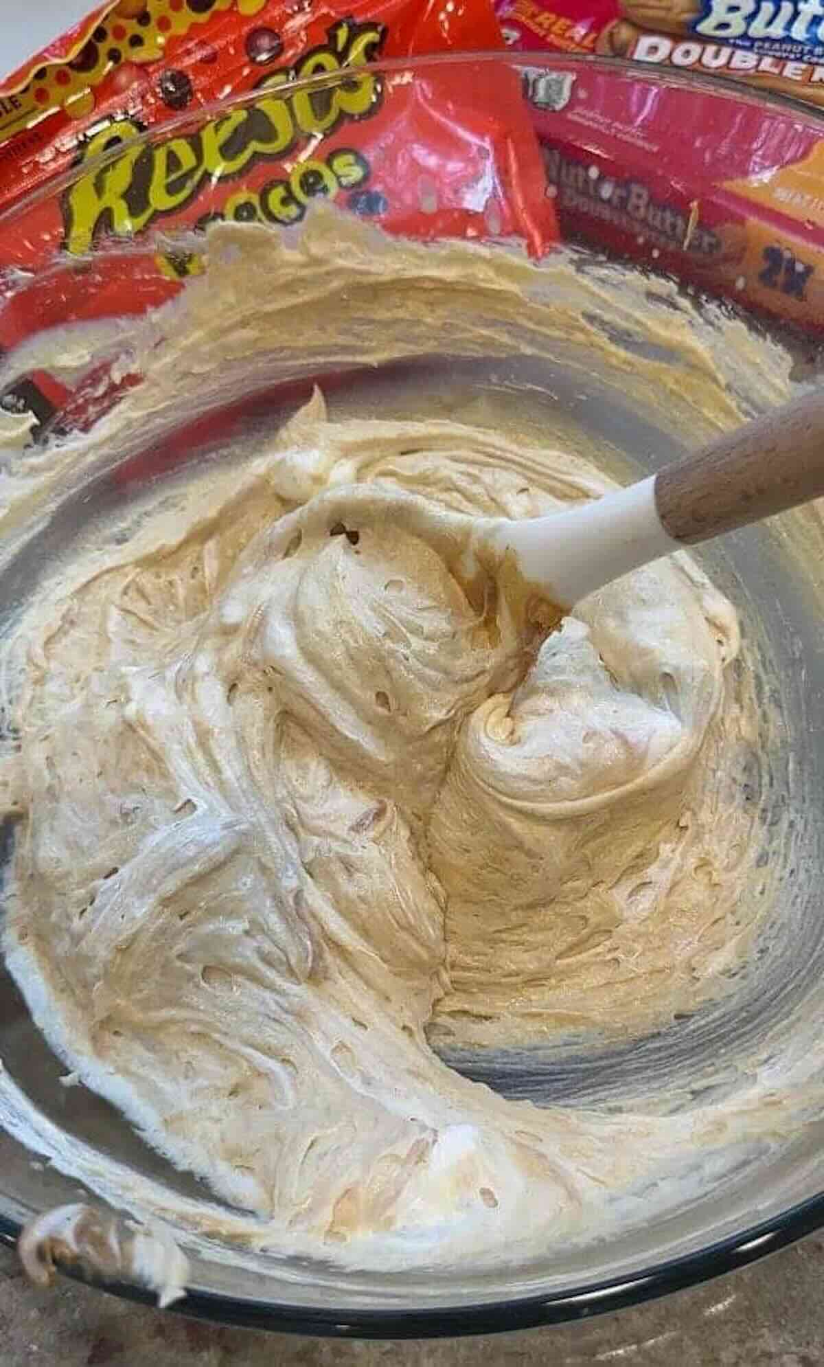 vanilla pudding and milk mixed together in a bowl