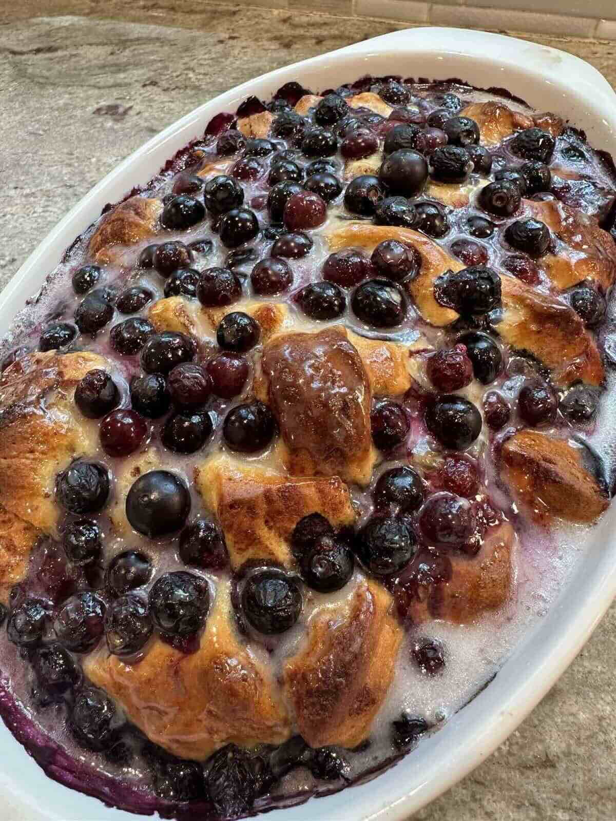 finished cinnamon roll blueberry casserole