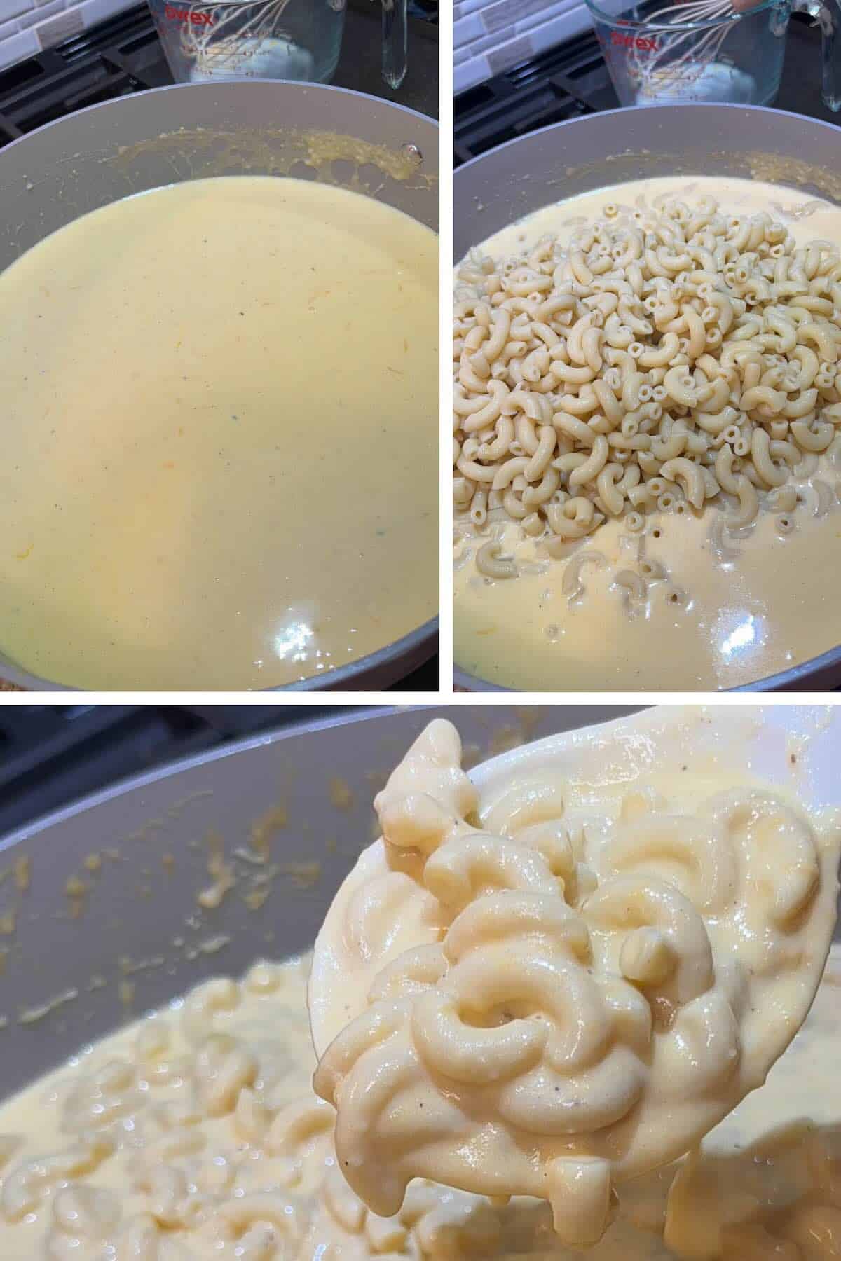 cheese melted into the milk with macaroni tossed in