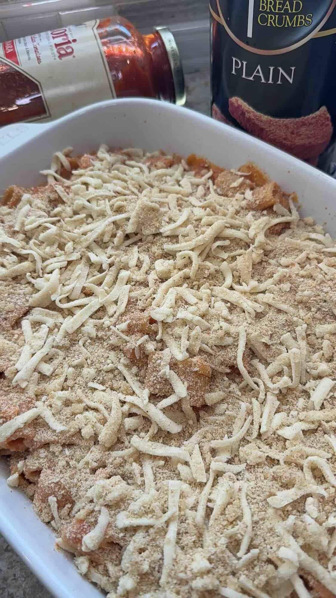 past al forno in baking dish with breadcrumb topping about to go into the oven