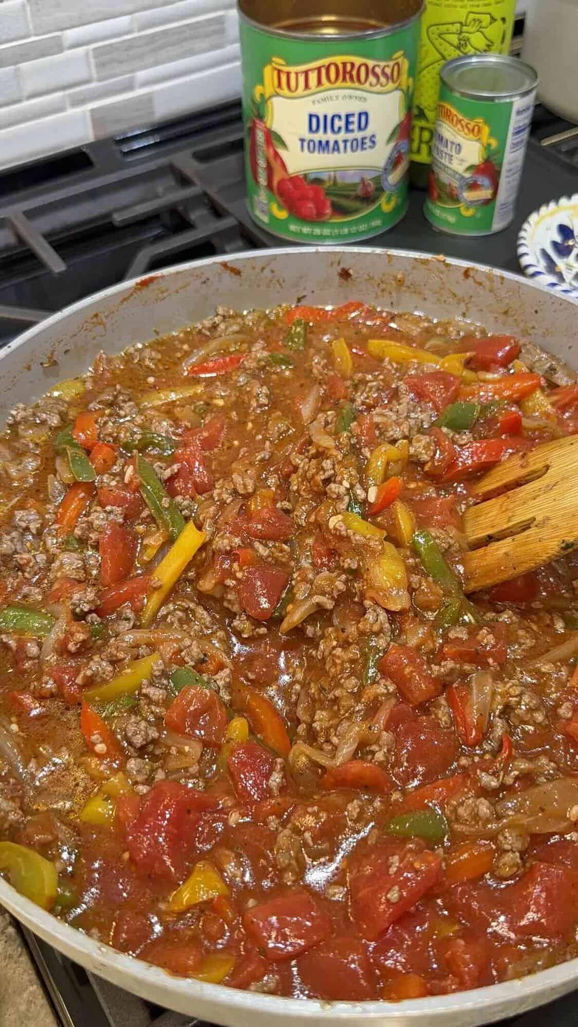 stuffed pepper casserole filling in skillet