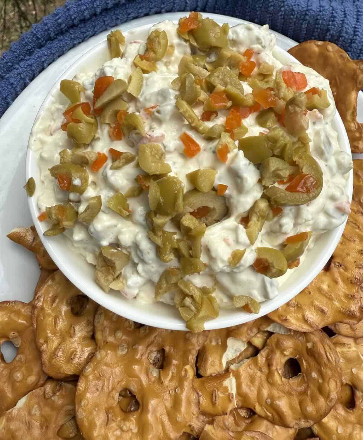finished and plated green olive dip
