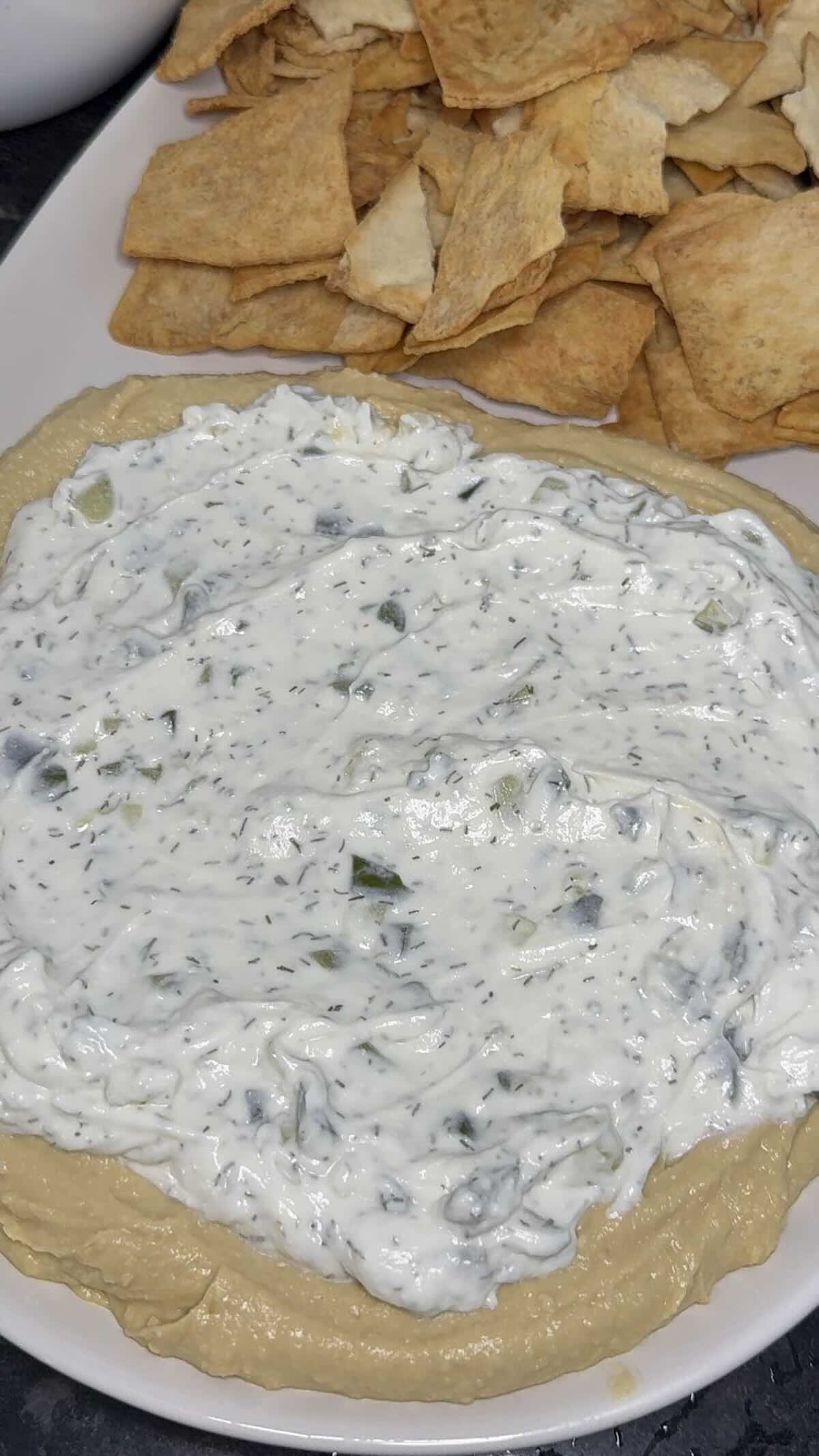 hummus layered with tatziki