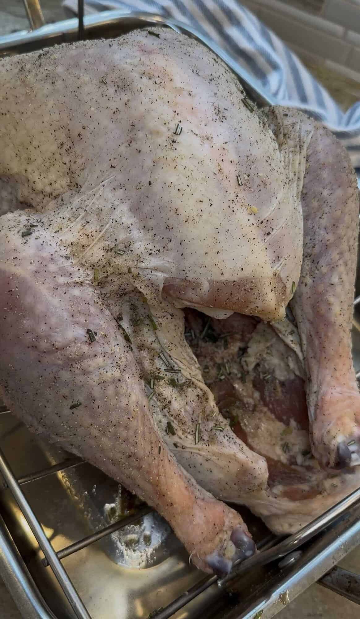 brined turkey on roasting rack