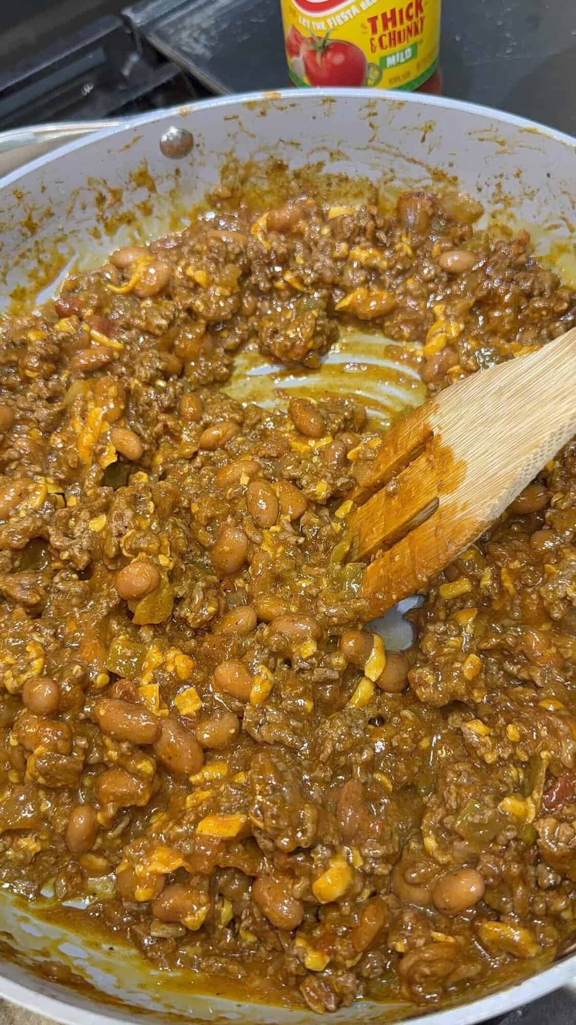 taco seasoned ground beef, beans, cheese and salsa