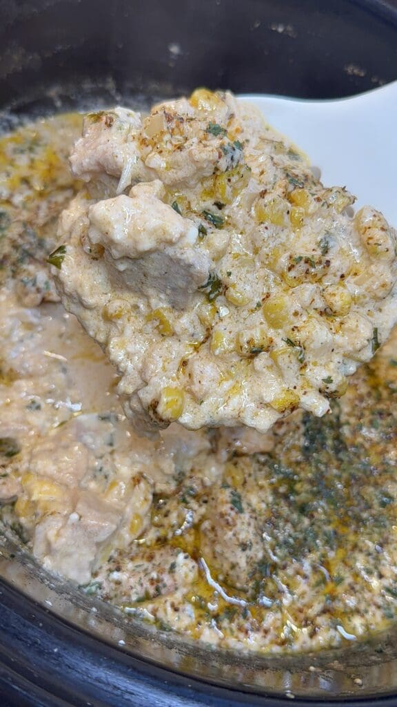finished street corn chicken in the crockpot