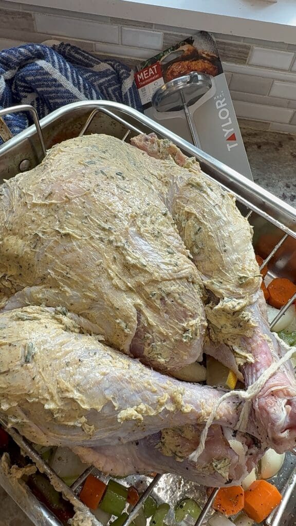 turkey in roasting pan with herbs and butter