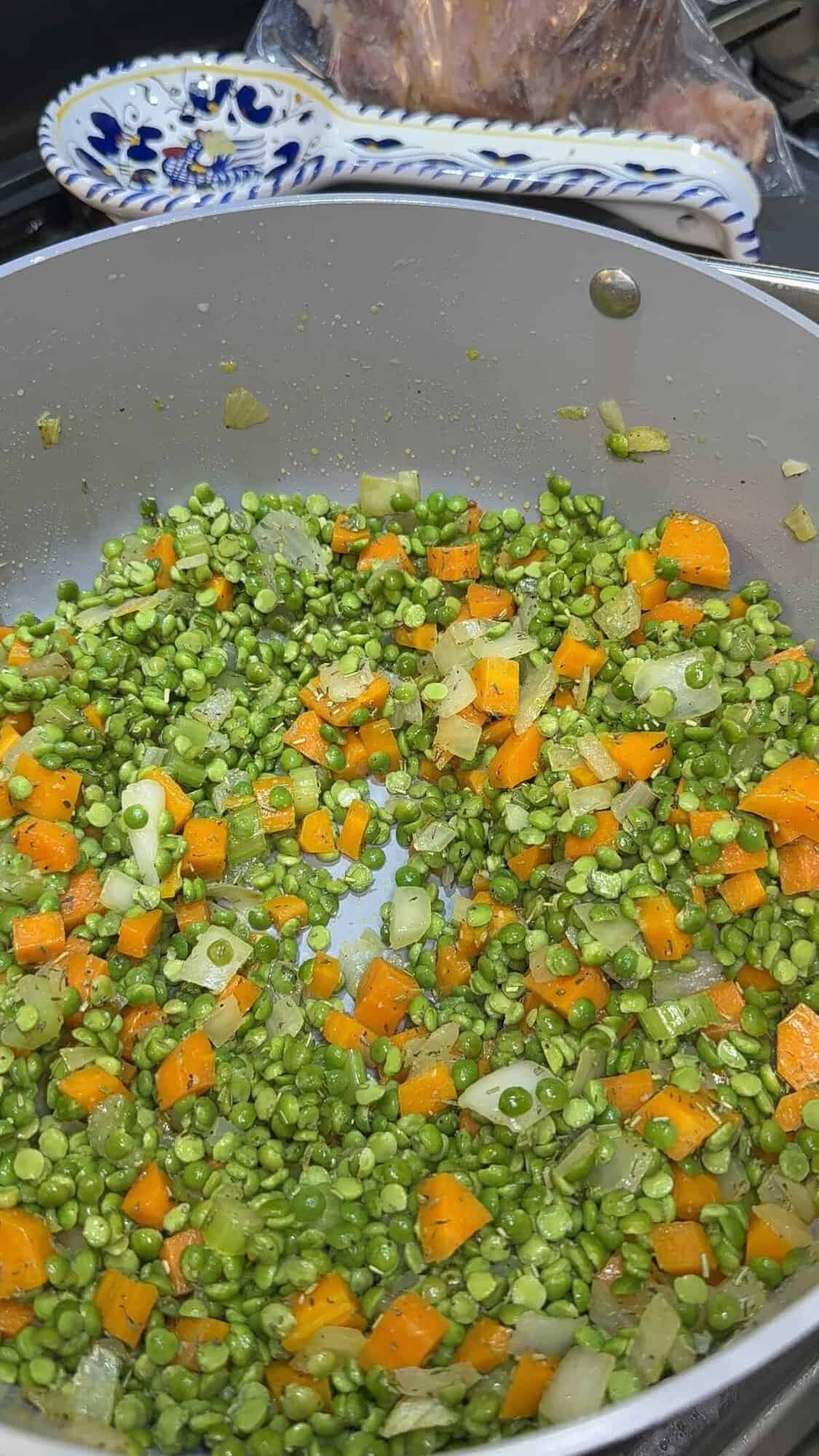 carrots, celery, onion, split peas in a dutch oven