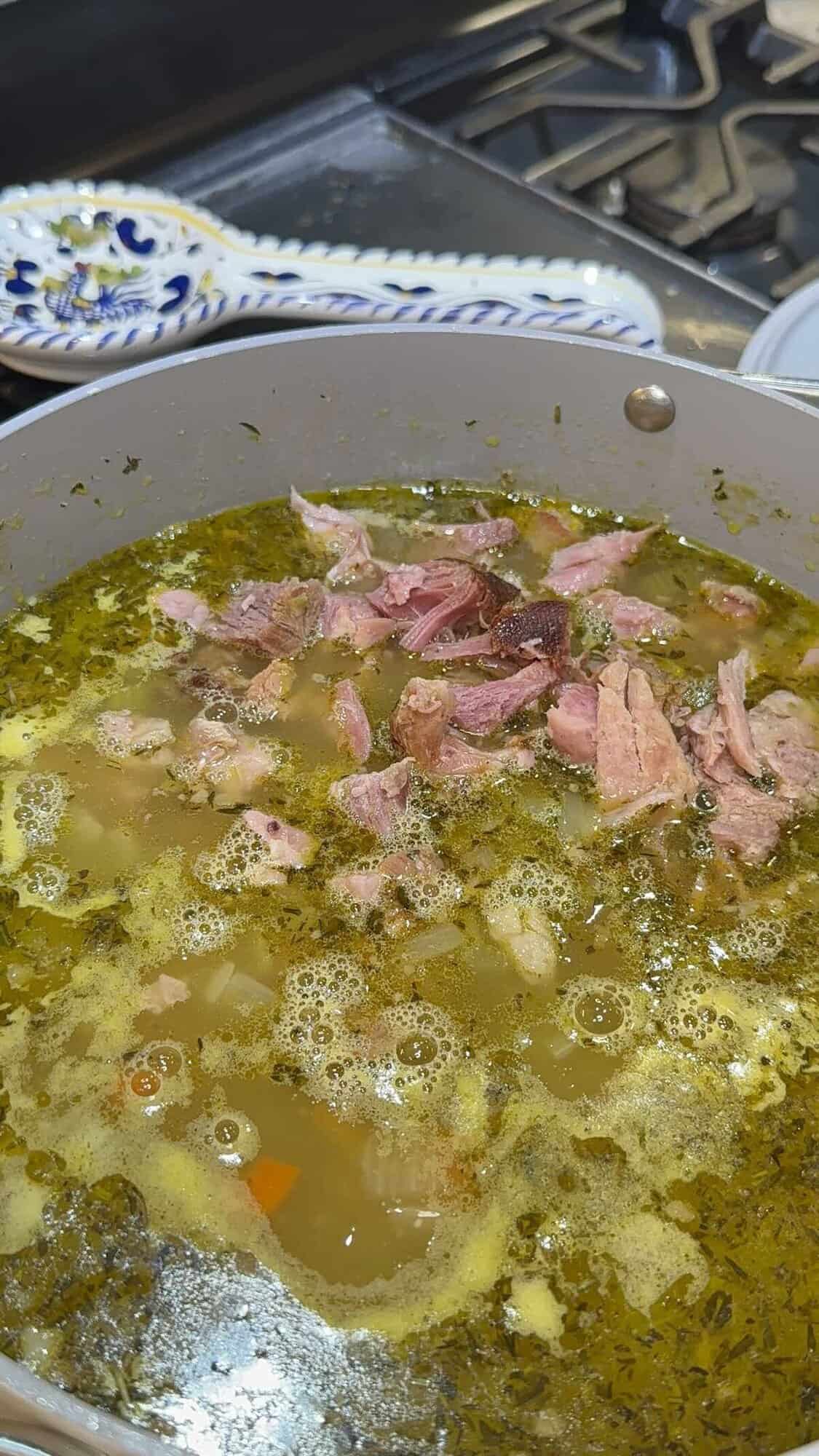 diced ham added to the split pea soup