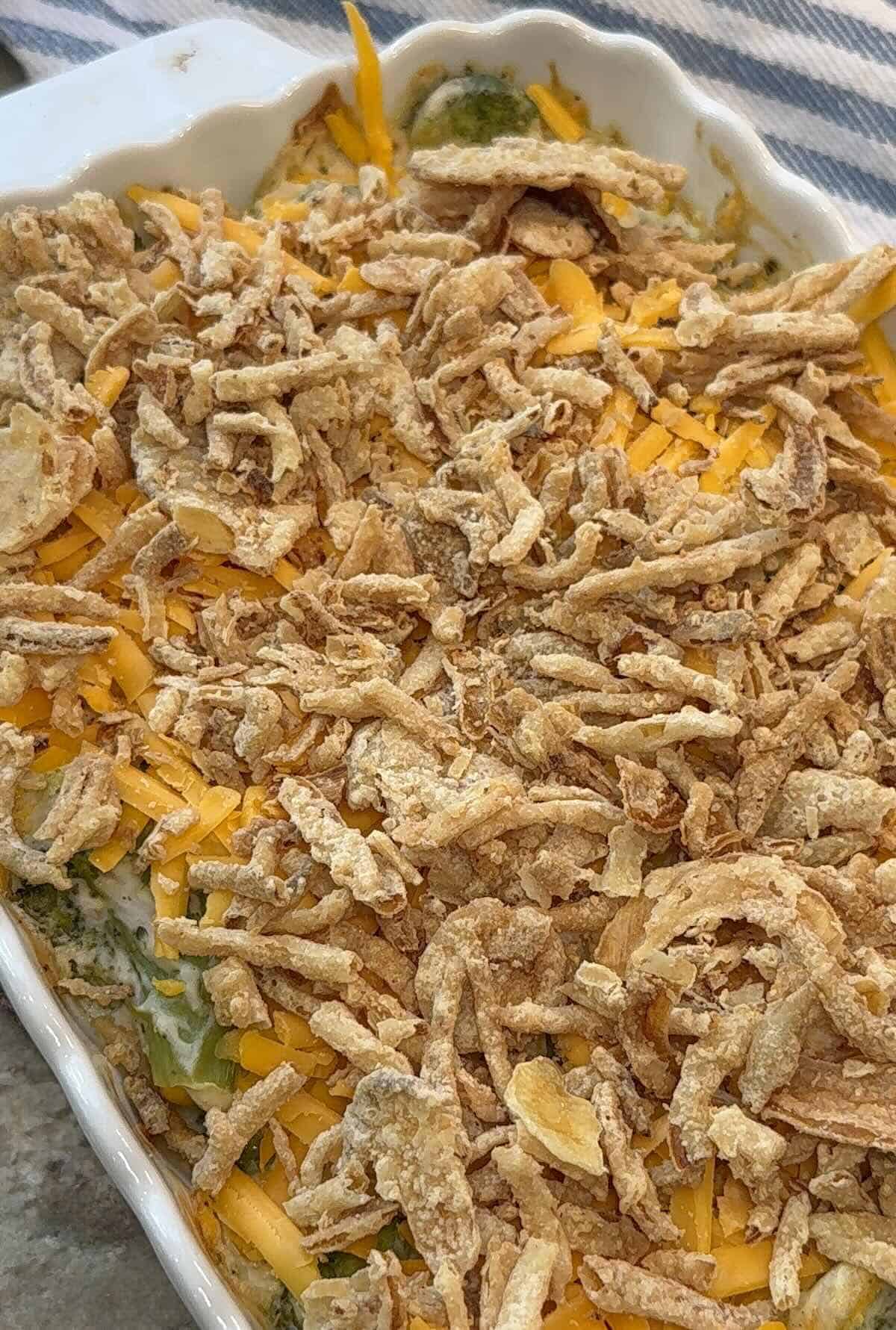 french onion broccoli casserole with toppings