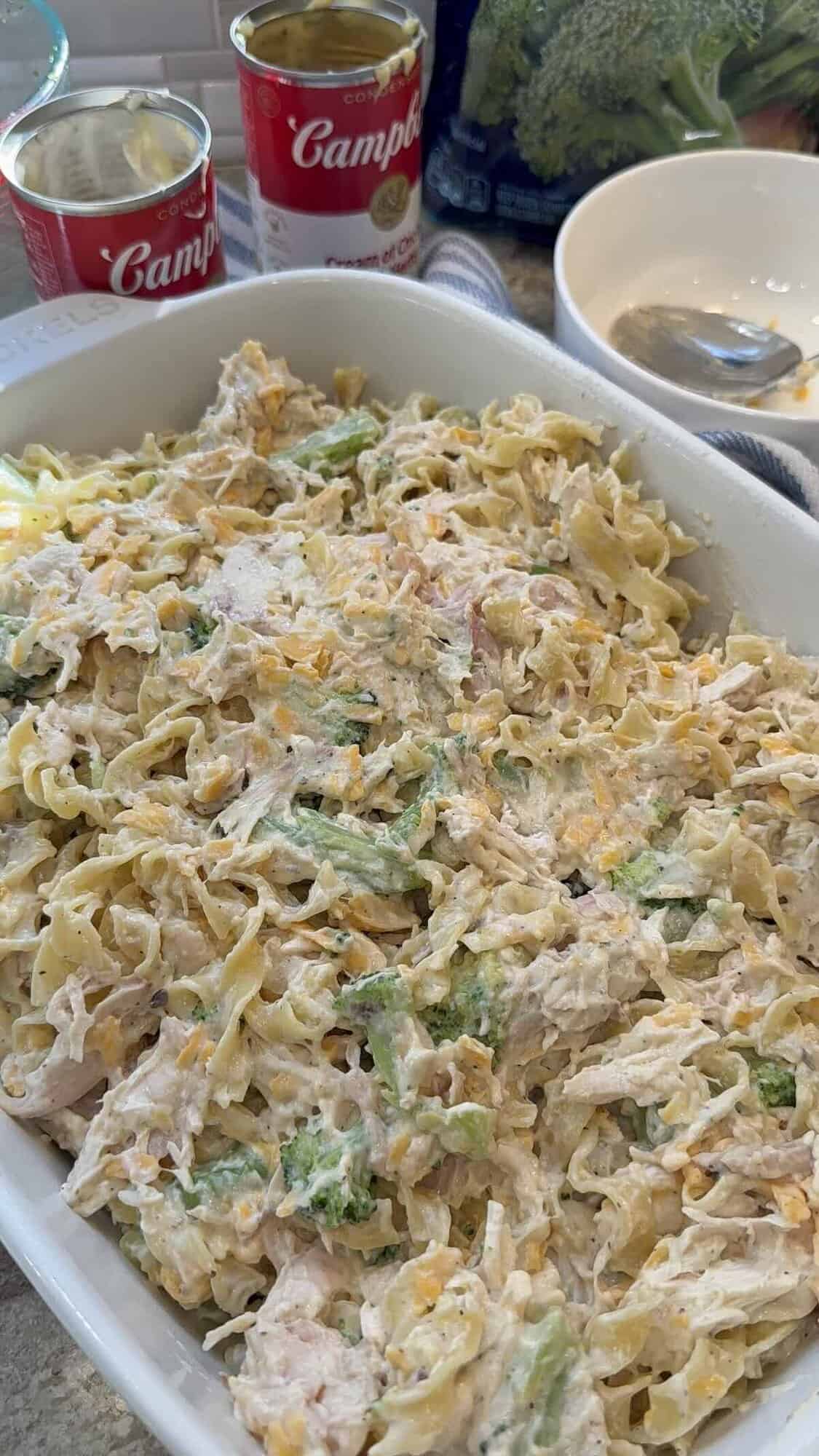 chicken broccoli and egg noodles in the baking dish