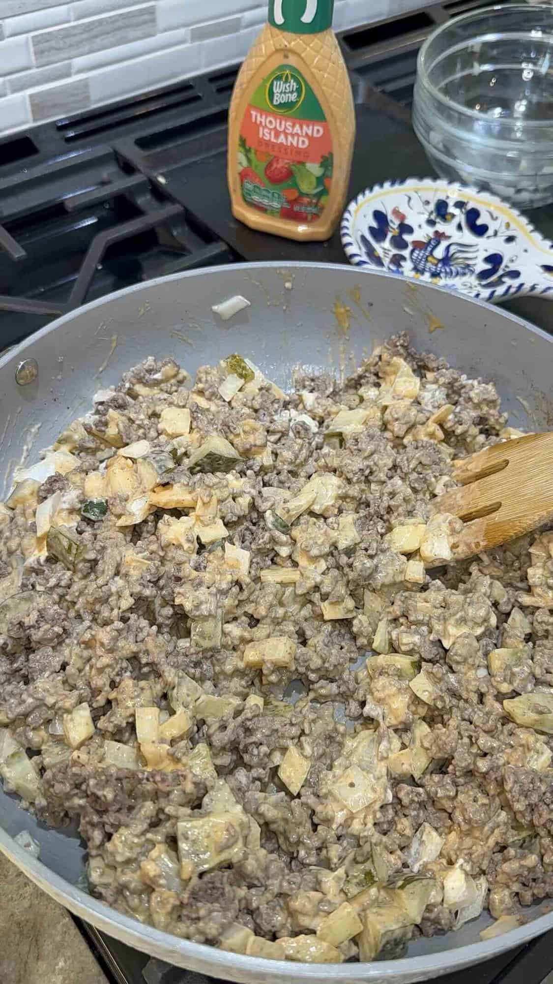 big mac casserole ingredients in skillet