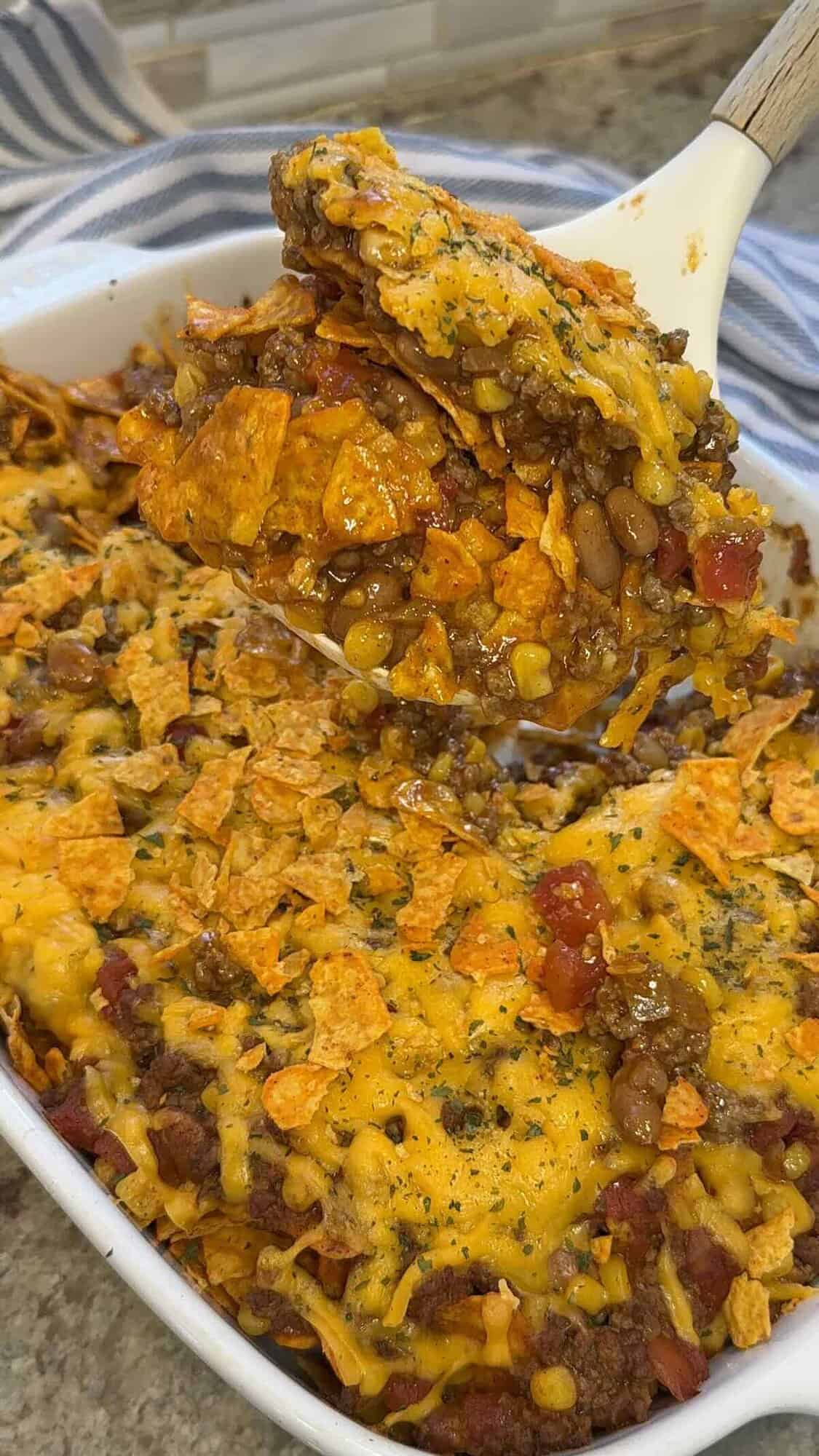 finished walking taco casserole with doritos