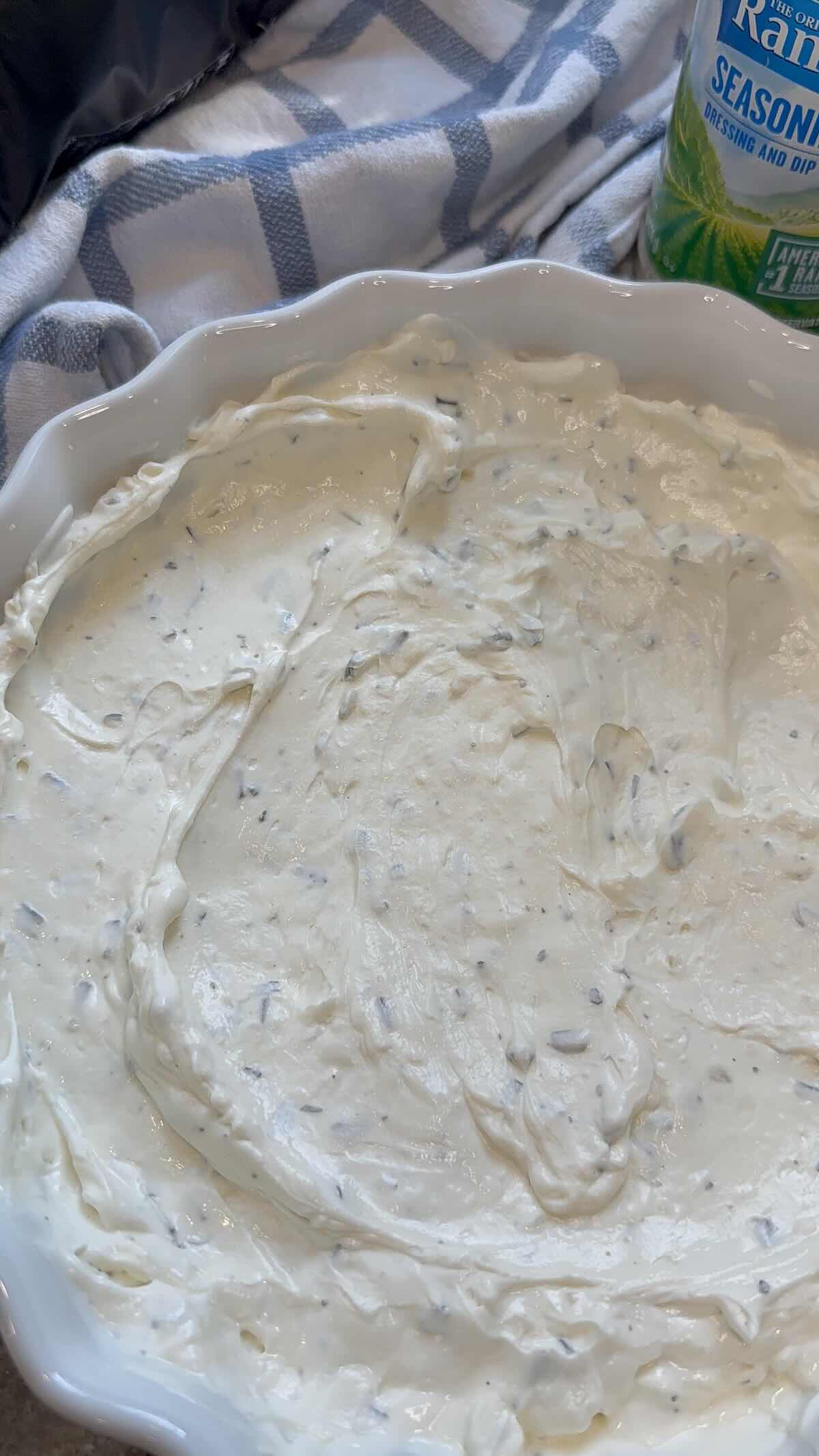 cream cheese, sour cream and ranch seasoning mixed together.