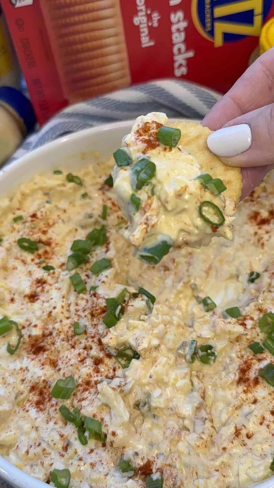 finished and garnished deviled egg dip.