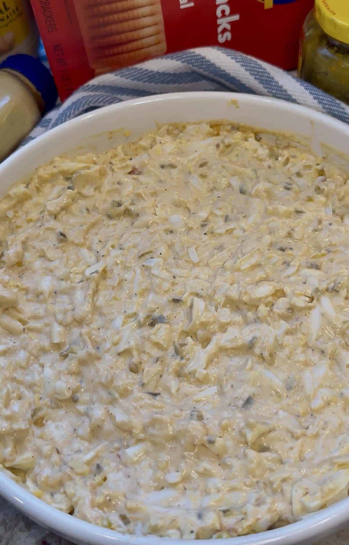 deviled egg dip mixed in a bowl