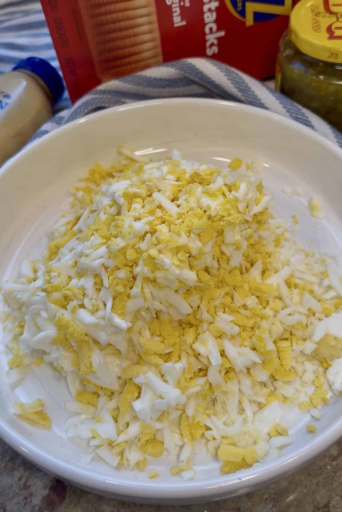 grated boiled eggs in a bowl