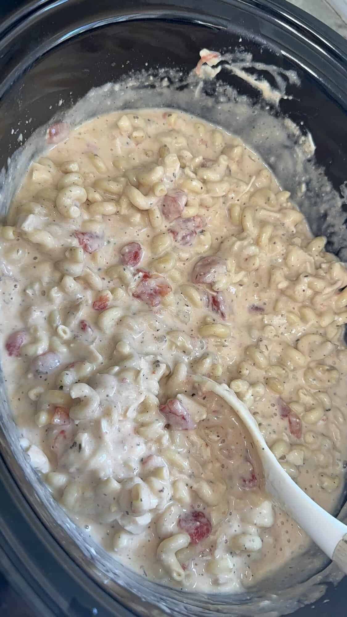 creamy chicken rotini ingredients being mixed