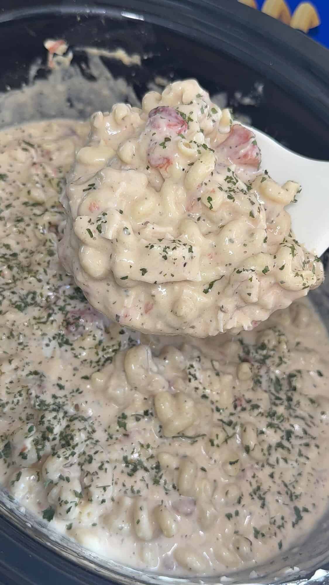 finished crockpot creamy chicken rotini