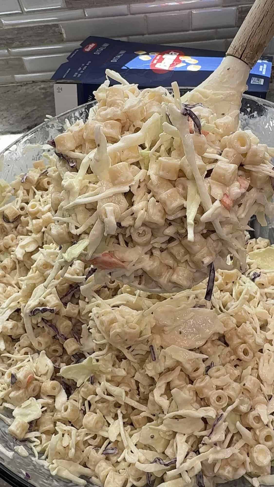 finished coleslaw pasta salad in bowl