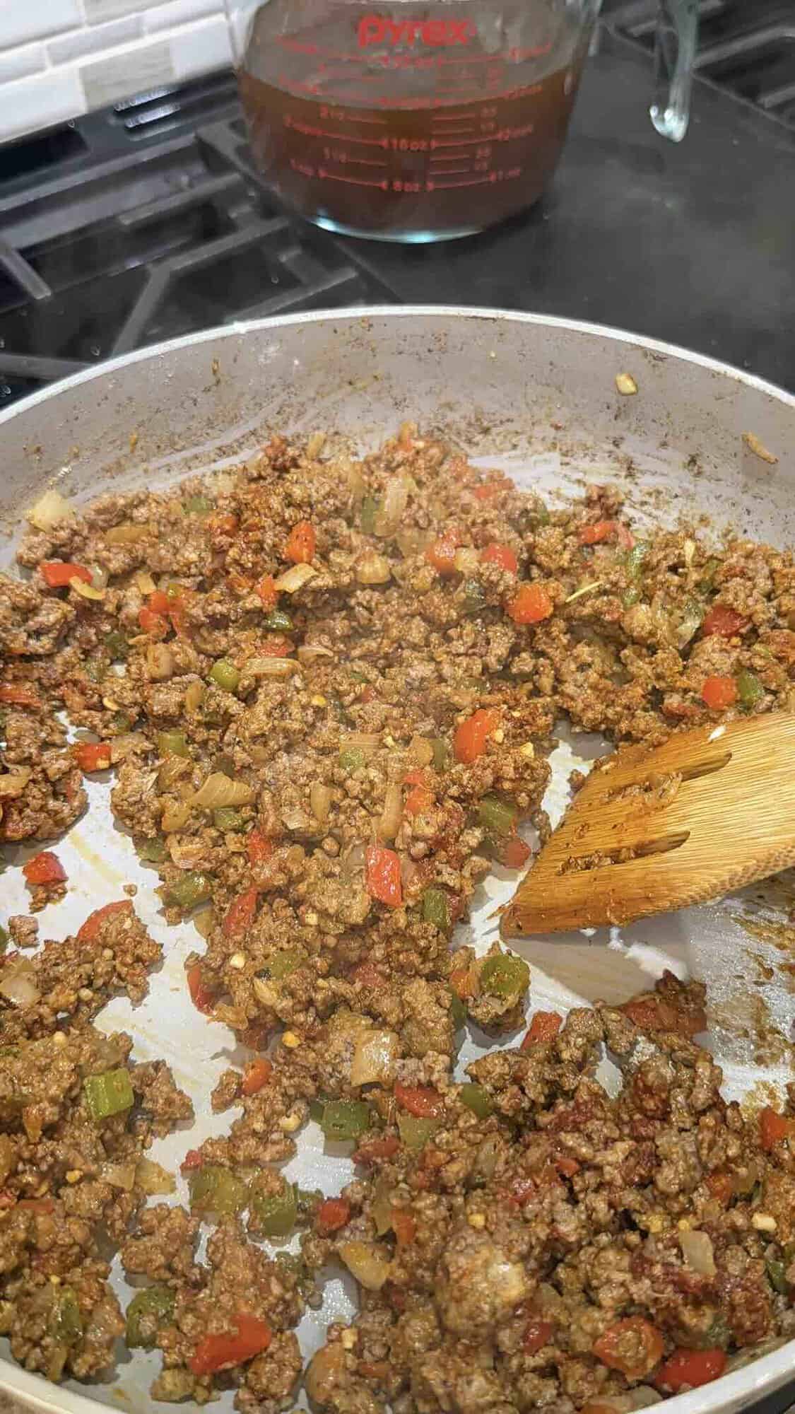 ground beef and vegetables in the skillet