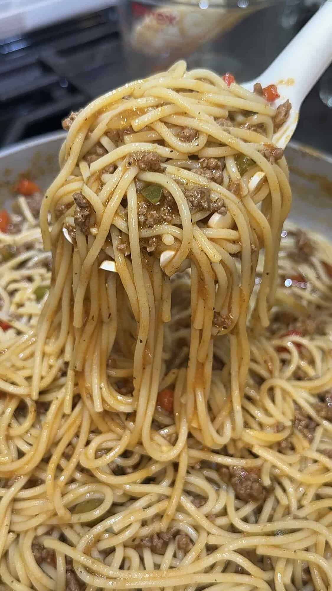 finished viral dirty spaghetti in skillet